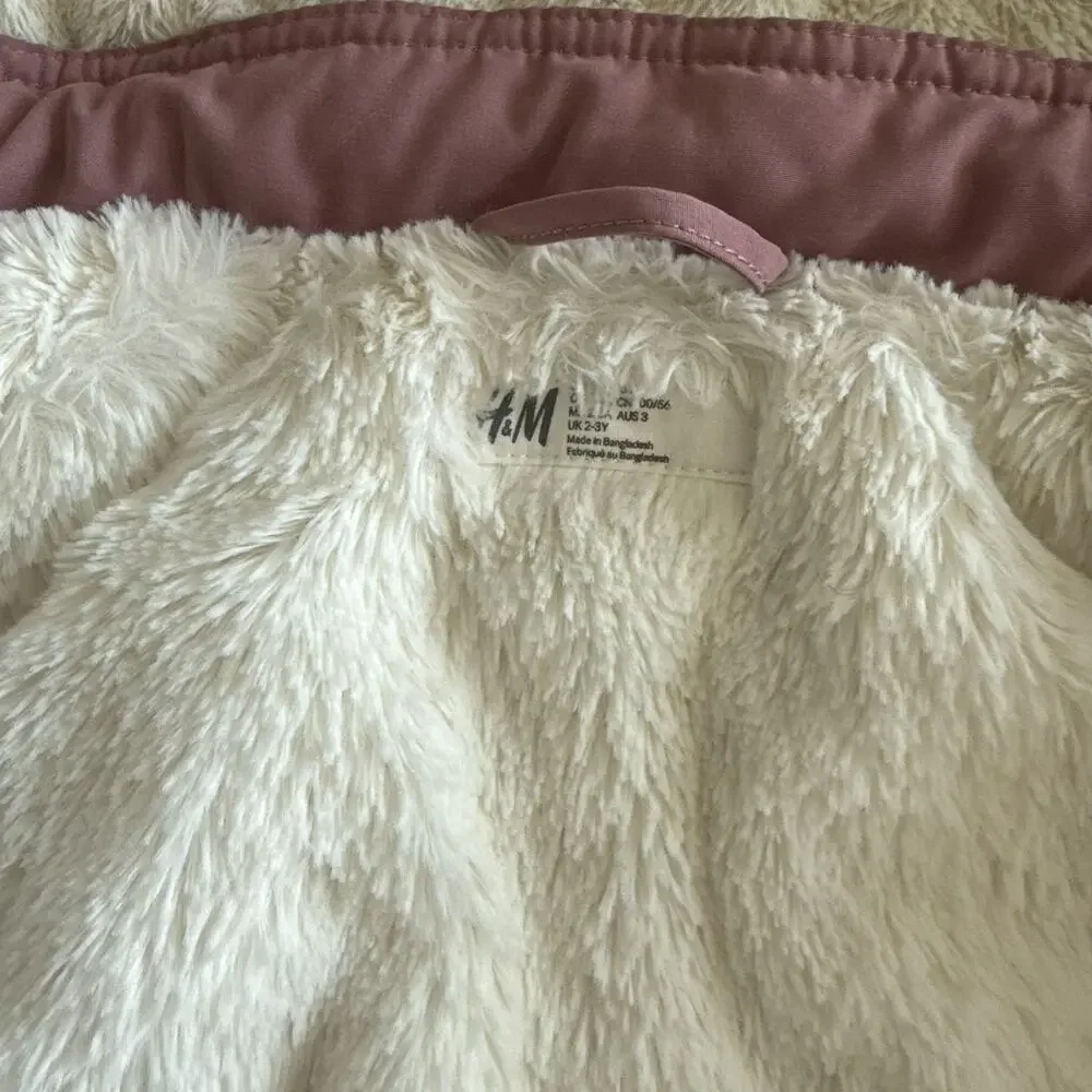 H&M Girls 3T Pink Hooded Puffer Jacket Faux Fur Trim Mid-Length Winter Outdoor